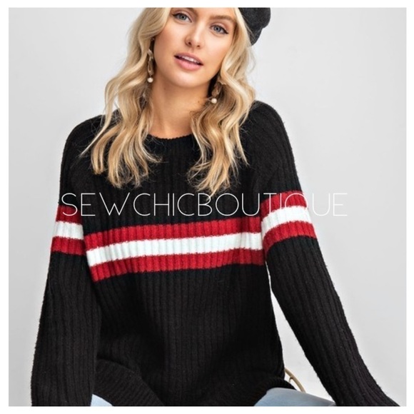 SLOUCHY Athletic Striped Front Knit Sweater - Picture 1 of 5